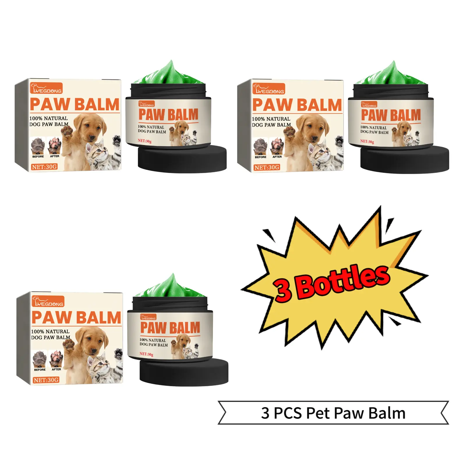 3 Bottles Yegbong Pet Paw Balm, Moisturizing Cream for Dog & Cat Paw Pad Dry Crack Protection