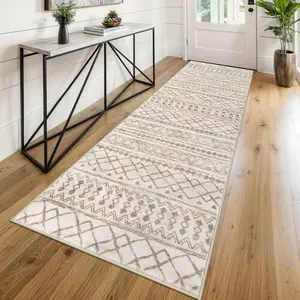 KUTA Moroccan Washable Runner Rug 2.6x8, Non-Slip Vintage Beige Boho Hallway Rugs Soft Print Distressed Geometric Carpet for Bedroom Laundry Living Room