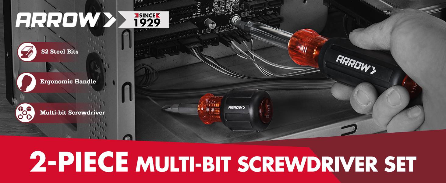 #backtoschool ARROW Multi-Screwdriver Set, 11-in-1 Standard/5-in-1 Stubby Multi-bit Screw Driver & Nut Driver Set, Premium S2 Steel, Comfortable Grip, with Phillips, Slotted, Torx, Square Bits and Hex Sockets