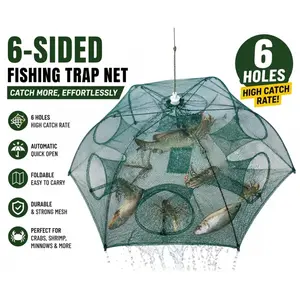 Portable Fishing Bait Trap Net Collapsible Mesh Trap for Shrimp Crab Crawfish Minnow Fish 6 Sides 6 Holes,summervibes