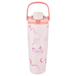 Cute Pink Bow Tumbler with Handle, Aesthetic Pastel Water Bottle with Straw Lid, Trendy Ribbon Line Art Travel Cup for School Office Gym, Girly Drinkware Gift for Women Teens
