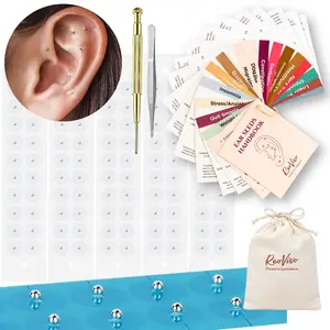 100PCS Silver Ear Seeds Kit, Acupressure Ear Seeds with Massage Stick & Ear Chart, Adhesive Ear Stickers for Easy At-Home Use, Beginner-Friendly Self Care Kit