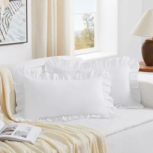White Lumbar Pillow Covers 12x20 Inch Set of 2, Microfiber Ruffled Pillow Shams, Ruffle Pillow Case for Couch Bed Livingroom