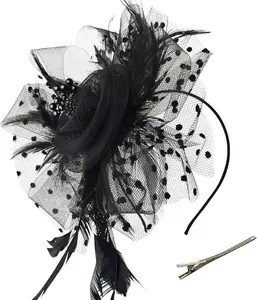 Channel the Spirit of Vintage Charm with This Exquisite Fascinator Hat Adorned with Flower, Mesh, Ribbons, and Feathers