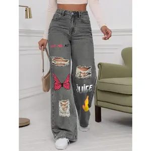 Women's solid color casual loose straight leg jeans, paired with butterfly print decoration, suitable for all seasons, mid waist, suitable for vacations, beer festivals, outings, and casual home stays
