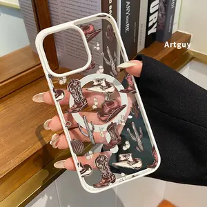 Magnetic Phone Case for iPhone 16 15 Pro Max 14 Plus 16E 13 12 11 X XS XR Western Cowboy Elements Pattern TPU Shockproof Anti-Scratch Stylish Smartphone Cover
