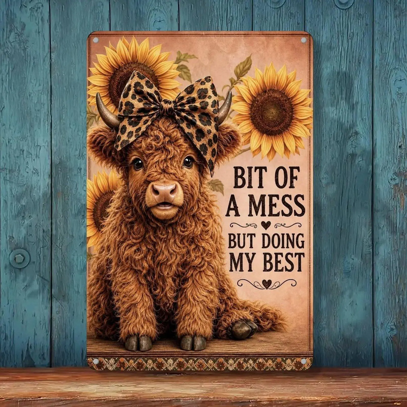 Bit Of A Mess But Doing My Best Highland Cow Wall Art 8x12in Leopard Bow Sunflower Cow Print Vintage Inspirational Wall Sign Decor
