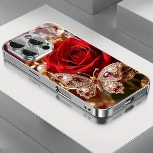 Rose Jewelry Butterfly 2D Pattern glass phone case for iPhone Air 17 16 Pro Max 15 14 PLUS 13 12 11 Samsung Galaxy S25 s24 s23 s22 Ultra FE ,Full Body Protections Shockproof Cover Creativity Fashion 11-16 furry luxury design Cellphone Smartphone 2025 caae