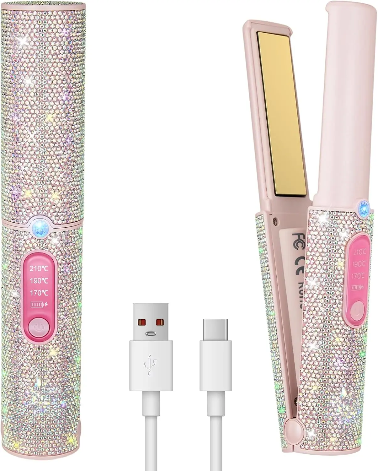 2-in-1 Cordless Hair Straightener Curler, Pink Rhinestone Mini Wireless Titanium Flat Iron, 5000mAh USB-C Rechargeable, 2S Fast Heating, Up to 410°F, Portable Styling Tool, Ideal Gift for Women
