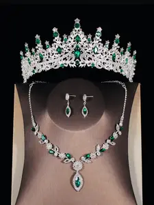 A set of 4 wedding accessories for a female bride, including a green diamond Elegant Crown Design, necklace, and earrings. Wedding dress and headwear are also suitable for weddings, parties, and gatherings