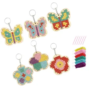Embroidery Kit for Beginners Wooden Cross Stitch Kits,Make Your Own 6 Cross Stitching Keyrings, Wood Sewing Kit, Arts & Crafts Butterfly, Flower Ornaments