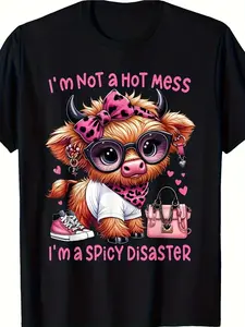 This Is a Playful Graphic T-Shirt Featuring a Cartoon Highland Cow with The Phrase 'I'M NOT a HOT Mess' in Pink Text.It'S Ideal for Casual Outings, Birthday Presents, Or Everyday Wear, Plus Size