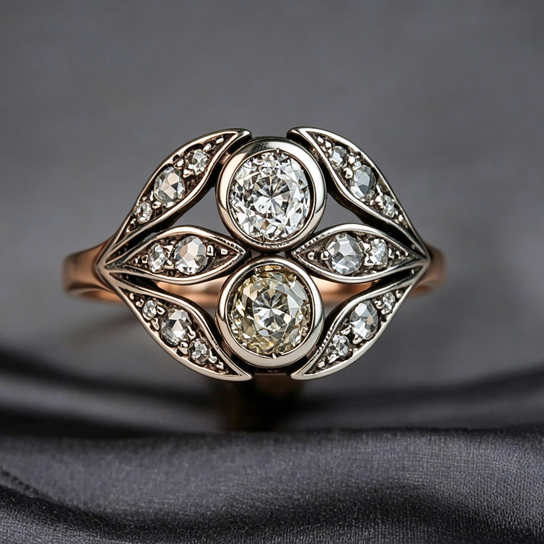 An Edwardian-style vintage court ring featuring an old European cut, exquisite openwork leaf design, and large synthetic zirconia stones. This beautiful engagement ring embodies a luxurious yet understated antique jewelry aesthetic.The  gift for her.