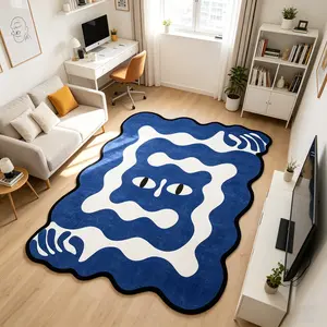 Klein Blue Abstract Face Wave Irregular Design Rug, Nordic Minimalist Living Room Sofa Mat, Art Hand-Drawn Bedroom Bedside Carpet, Anti-Slip Durable Study Decor Rug, Artistic Area Rug