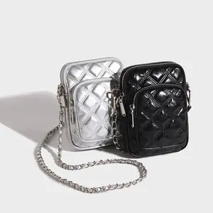 Silver Mobile Phone Bag for Women Trendy Quilted Crossbody Purse Chain Strap Small Shoulder Bag Metallic PU Leather Dual Zipper Casual Party Gift