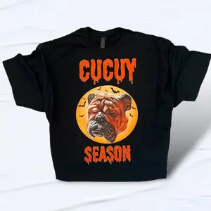 Big Bear Cucuy Season Halloween T shirts - Black Tee with Orange Graphic Design Featuring a Dog and Bats