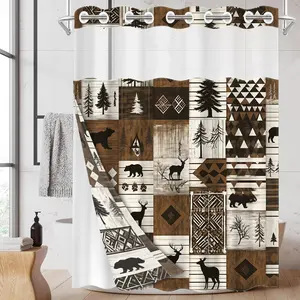 1pc hookless shower curtain with buckle lining, brown and white geometric patchwork design 2D printing, fabric waterproof lining, see-through double-layer shower curtain, 71 x 74 inches, Bathroom Accessory, Shower Curtain Liner