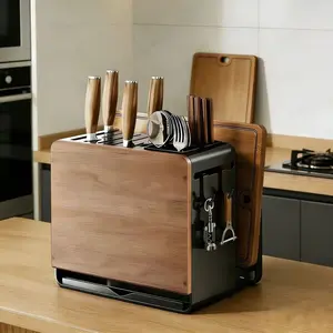1pc New Vintage Chinese Style Wooden Knife Block - Countertop All-in-One Organizer for Knives, Cutting Boards & Chopsticks! Sturdy Solid Wood Holder, Space-Saving Design, Stylish Kitchen Storage Rack for Home Use