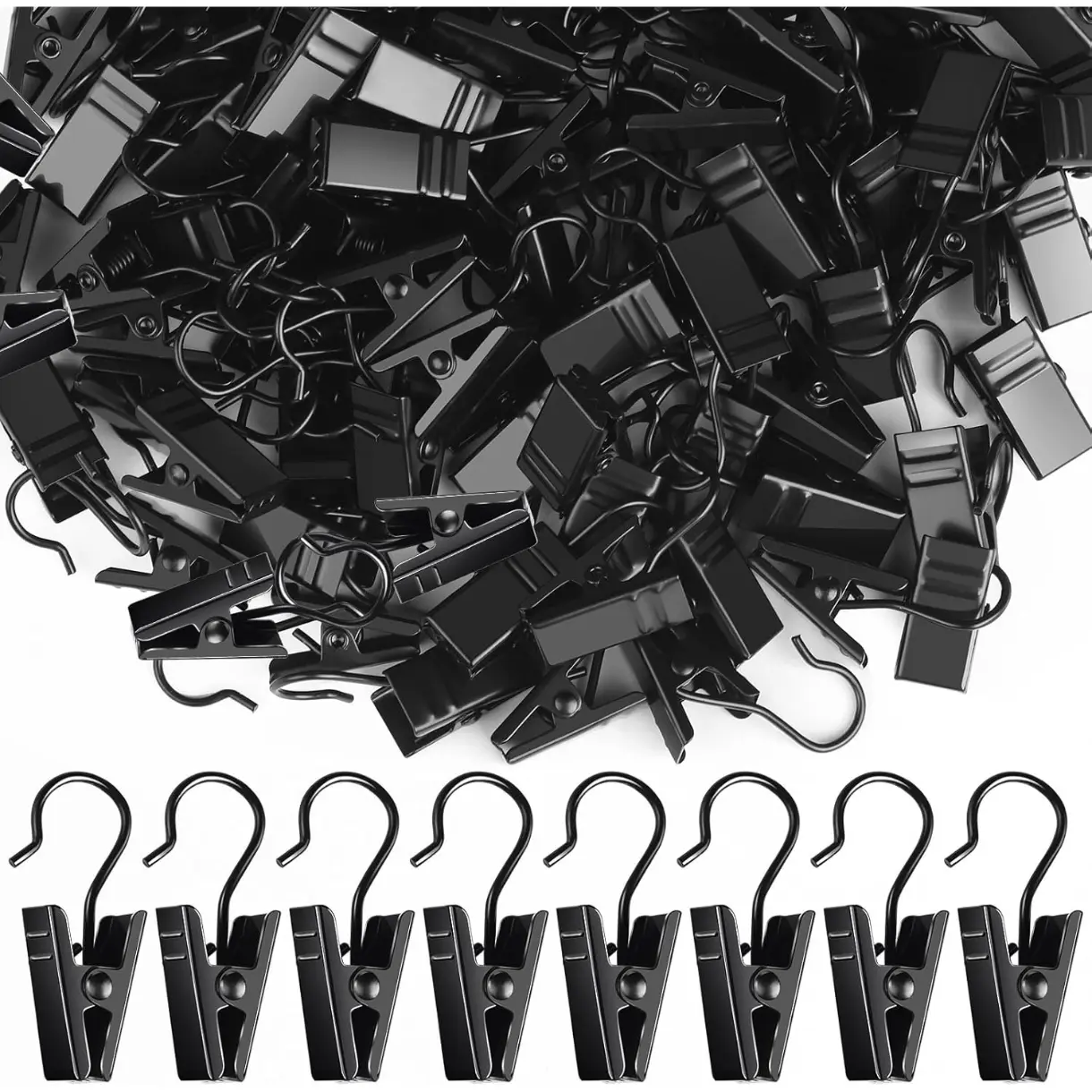 100 Pack Small Curtain Clips Curtain Hooks for Outdoor String Lights, Stainless Steel Clips for Hanging Curtain Hooks for Drapes, Black