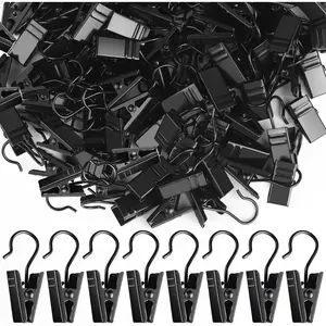 100 Pack Small Curtain Clips Curtain Hooks for Outdoor String Lights, Stainless Steel Clips for Hanging Curtain Hooks for Drapes, Black