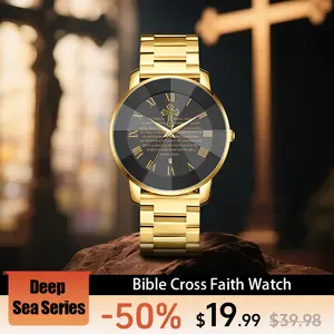 Women’s Watch with Bible Verse and Cross Design, Waterproof Stainless Steel Band, Business Casual Style, Gold Sapphire Crystal, Perfect Gift for Birthdays, Christmas, and Halloween Quartz Chronograph Rhinestone