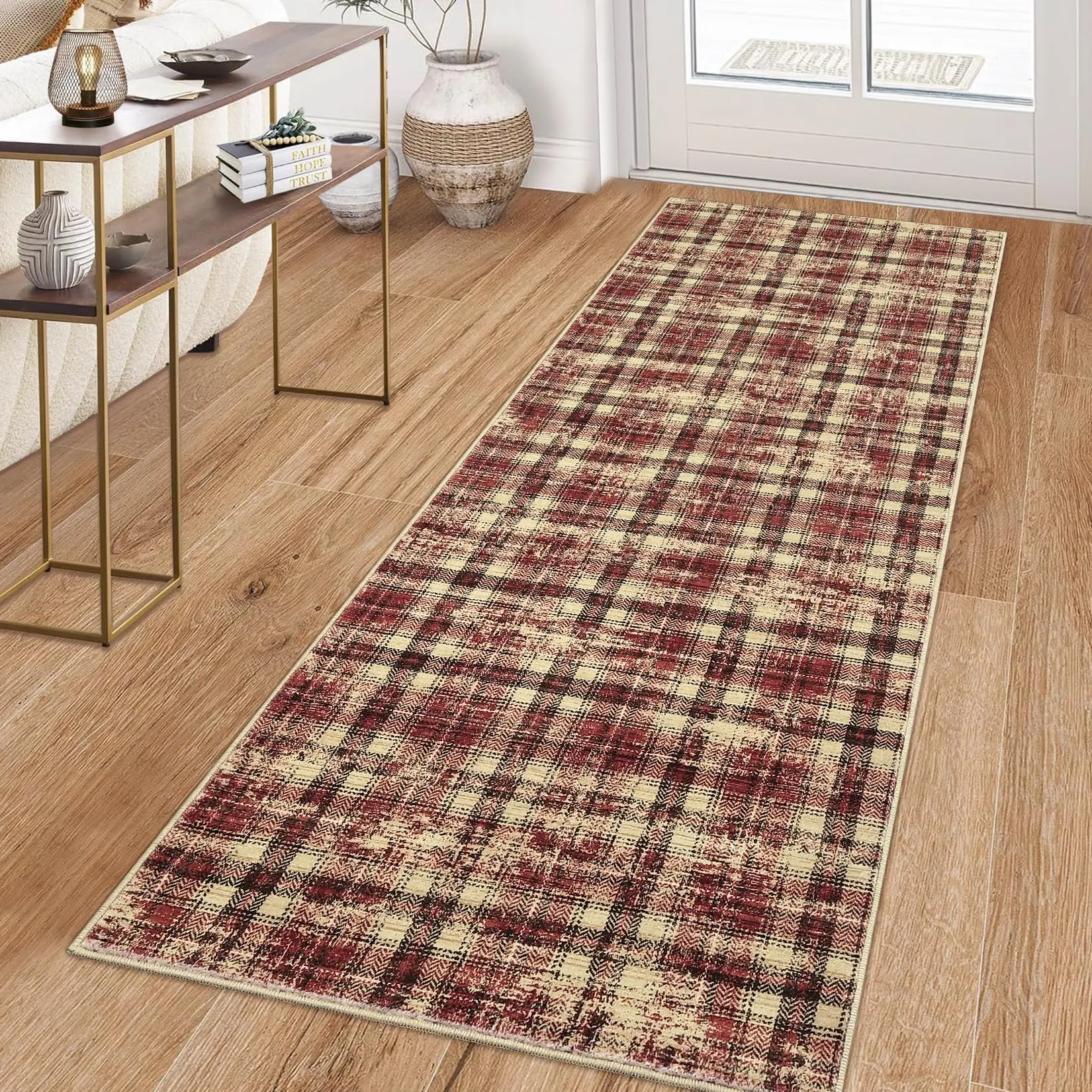 Garvee Washable Rugs Runner Rug 2x6 Modern Plaid Area Rug Soft Carpet 2'x6' Red