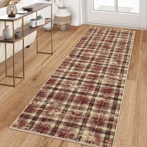 Garvee Washable Rugs Runner Rug 2x6 Modern Plaid Area Rug Soft Carpet 2'x6' Red