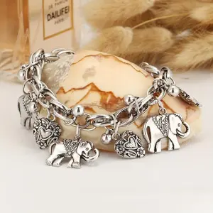 1pc Fashion Vintage Carved Elephant Bracelet Peach Heart Charm Bracelet Hand Jewelry