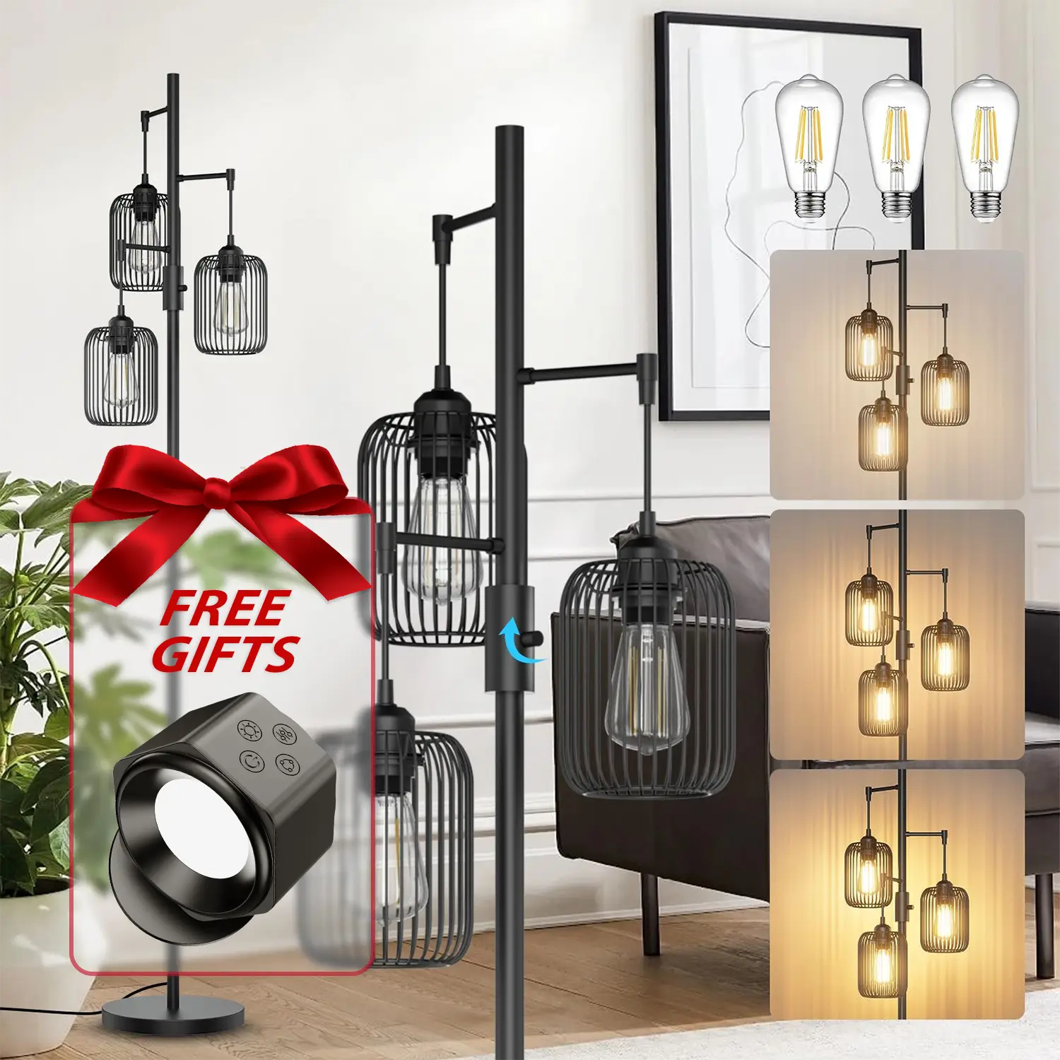 Glitgate Black Floor Lamp, Dimmable Industrial Gold Floor Lamp Farmhouse Floor Lamps for Living Room with Cages 70'' Tall Lamp Modern Floor Lamp Stand