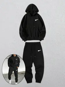 Men's Street Style Sportswear Set, Hooded Zipper Jacket and Jogger Pants Two-Piece, Soft Comfortable Fabric, Casual Daily Wear, Streetwear Tracksuit Set