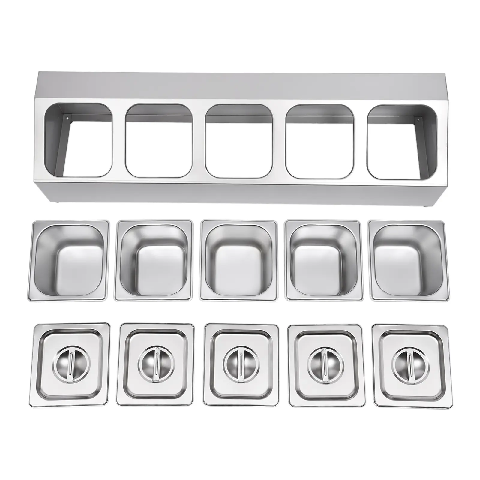 Silver Stainless Steel Pizza Toppings Station, 5-Pan with Lid Food Storage Organizer Divider, Kitchen Meal Prep Ingredients Holder, Grill Table Serving Tray, Food Storage Containers, Meal Prep Containers