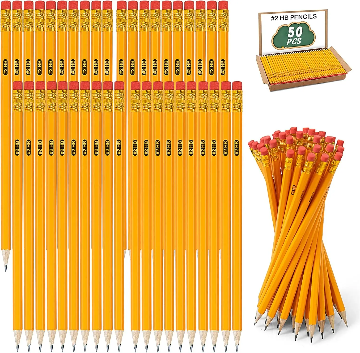 50-Pack #2 HB Pencils with Erasers - Pre-Sharpened Yellow Wood Pencils for Writing, Drawing, Classroom & Office Supplies, Pencil, Hb #2