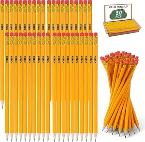 50-Pack #2 HB Pencils with Erasers – Pre-Sharpened Yellow Wood Pencils for Writing, Drawing & Sketching, Classroom & Office School Supplies