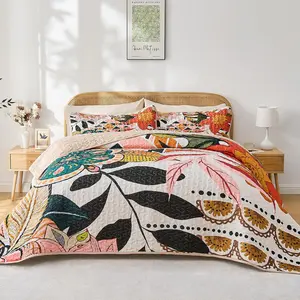 Set King Size, Boho Floral 3 Pcs Soft Bed Cover Bedding Set, Mid Century Flowers Lightweight Bedspread Coverlet with 2 Pillow Sham for All Season
