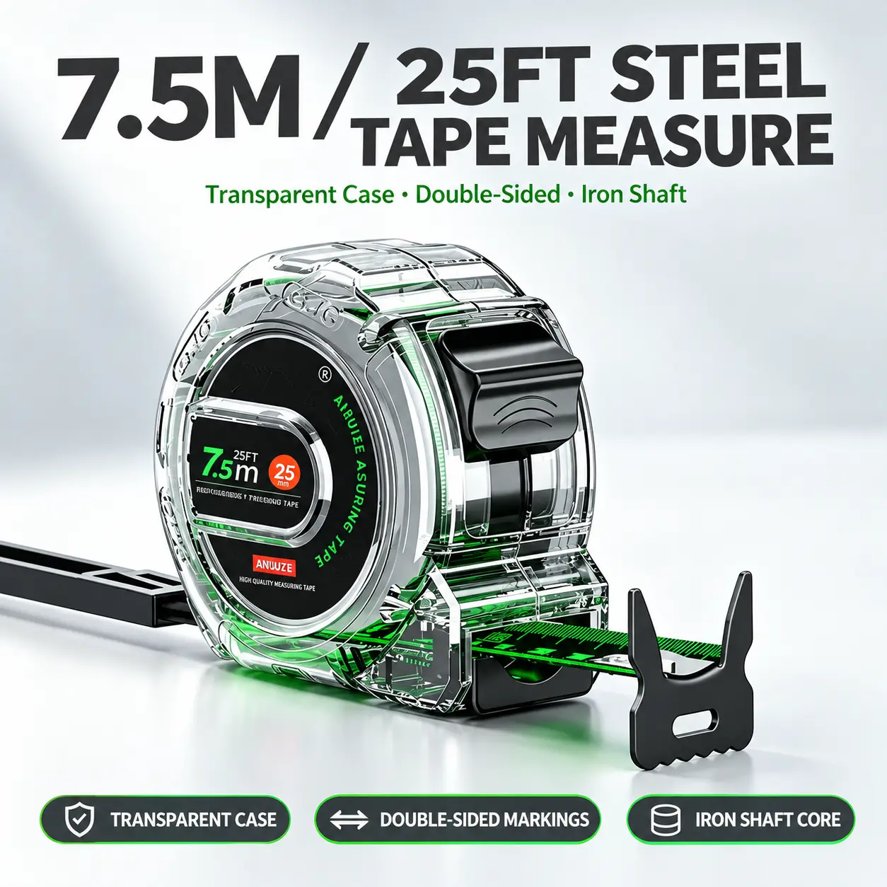 7.5M/25FT Heavy Duty Tape Measure, Double-Sided Metric & Imperial Ruler with Transparent Case, Steel Blade & Slide Lock for Construction, Woodworking and Home DIY