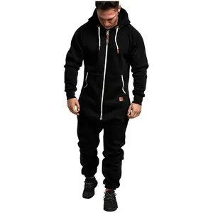 New Foreign Trade Men's Hooded Fleece Jumpsuit Solid Color Color Matching Casual Men's Suits Jumpsuit