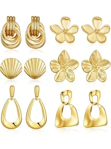 6 Pairs Chunky Gold Earrings For Women Trendy Statement Gold Plated Flower Shell knot Dangle Earrings Lightweight Hypoallergenic Fashion Jewelry Set