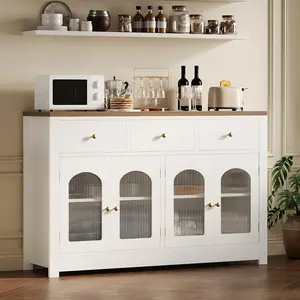 55'' Sideboard Buffet Cabinet with Storage,Farmhouse Narrow Coffee Bar Cabinet with Drawers and 4 Doors for Kitchen Dining Room Living Room