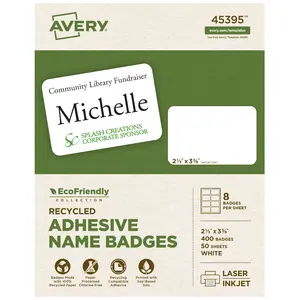 Avery EcoFriendly Recycled Name Tags, 2-1/3" x 3-3/8", White, Removable Adhesive, 400 Printable Name Badges (45395)
