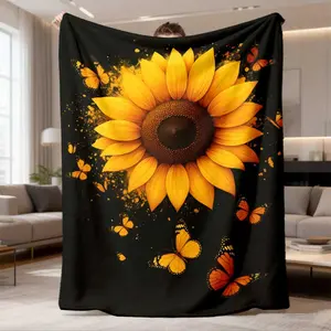 2026 New Arrival Flannel Blanket Luxurious Flannel Blanket UltraSoft Sunflower & Butterfly Floral Throw, Black Background With Yellow Sunflowers AllSeason Couch, Bed, Home Decor Perfect Gift For Mother'S Day