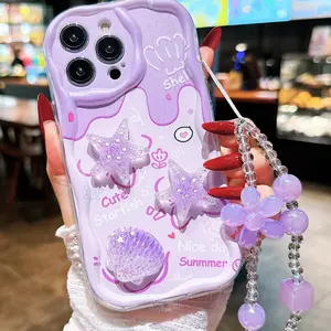 Gradient Cartoon Accessories Flower Chain Painted Cream Wave Print Protective Phone Case, Starfish Shell Sticker, New for iPhone 15 14 XR 7 8 P12 XS, Casing
