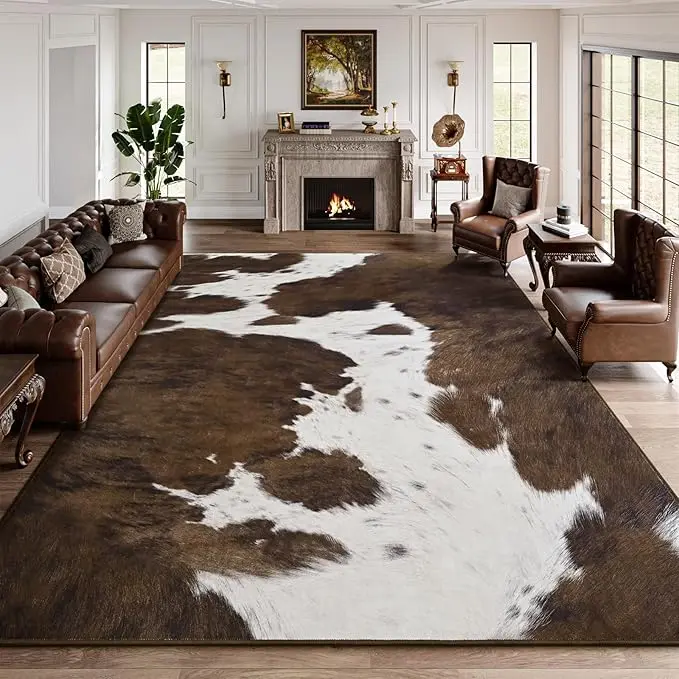 Brown Cow Print 5x7 Washable Non-Slip Low Pile Indoor Rug - Room Decor for Living Room, Bedroom, Western Home Textiles & Soft Furnishings