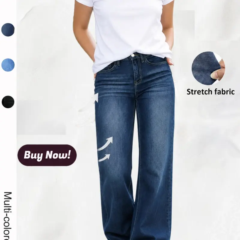 Women's Plus Size Vintage Washed Straight Leg Jeans, High Stretch Elastic Loose Fit, Mid Waist, Casual All Season Essential Commute Pants, Premium Stretchy Jeans