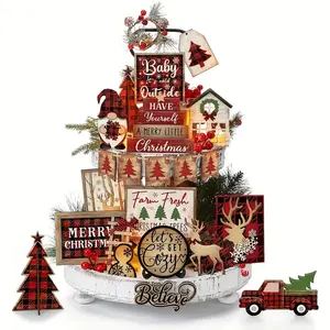 Wooden Christmas Tree Design Tiered Tray Decorations, 24pcs/set Farmhouse Holiday Desktop Decoration, Home Decor for Living Room Bedroom, Ornaments