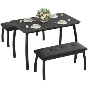 Garvee 3-piece kitchen table set, dining table with 2 padded benches for small spaces, rectangular dining table made of metal and wood for 4, for kitchen, living room, apartment, vintage look, black