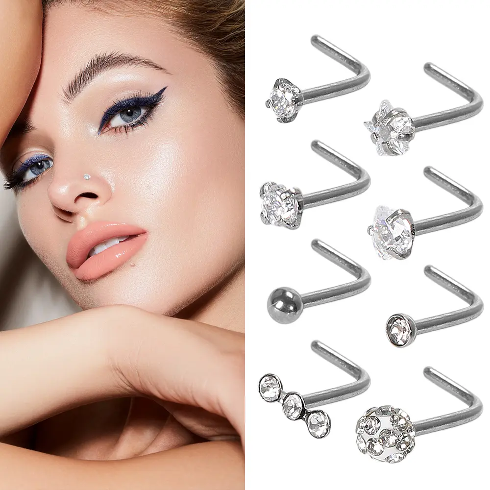 Hypoallergenic Nose Rings –Nose Rings Studs, L Shaped Nose Studs, Cubic Zirconia Opal Heart Ball Labret Lip Nose Piercing Jewelry for Women Men ‑ Perfect for Nostril, Septum, Lip, or Cartilage Piercings