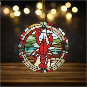 Maine Lobster Faux Stained Glass Ceramic Christmas Ornament for Seafood Lovers - Circle/Star/Heart/Oval Shapes