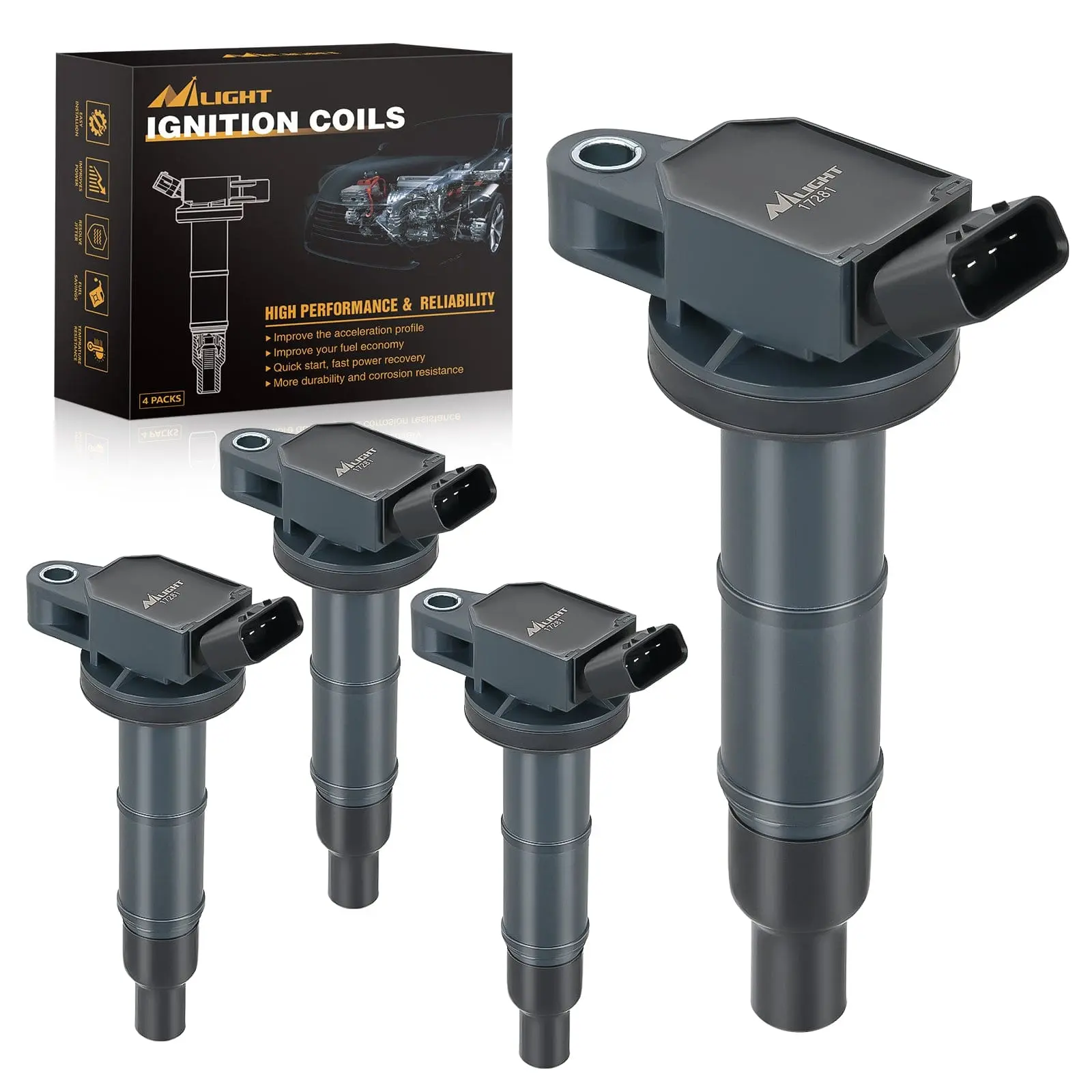 Nilight 4pcs Ignition Coil Packs - Automotive Auto Accessories Engine Parts with German Copper, OE Standard Fit for Toyota Lexus Scion Models 2.0L/2.4L, OE# UF333 C1330 90919-02244, Replacement Motor Part, Pontiac