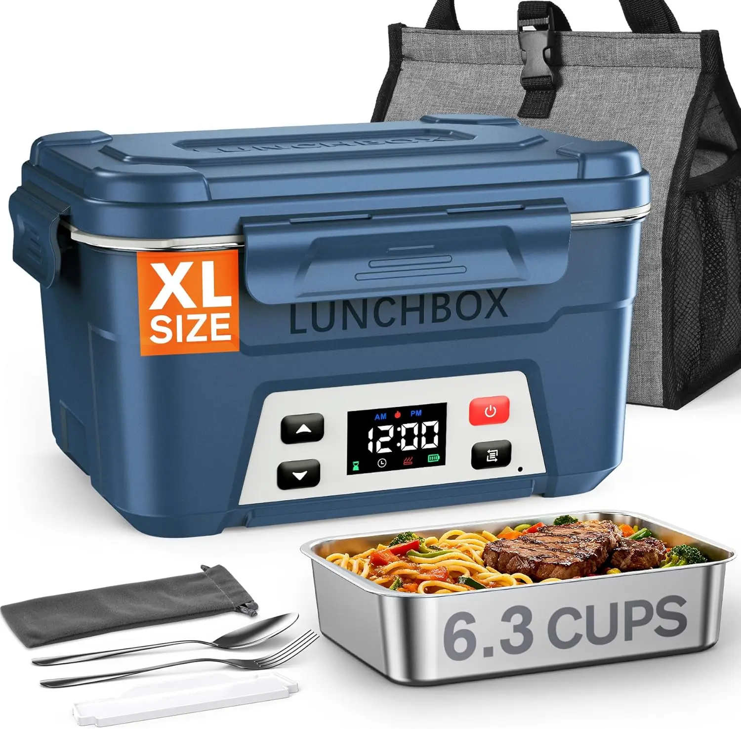 Docusvect Cordless Electric Lunch Box for Adults, Battery Powered Heated Lunch Box for Work, Travel, 6.3 Cups Rechargeable Self Heating Food Heater, Memory Function & Automatic Keep Warm, Classic Blue