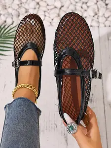 Women's Cut Out Mary Jane Fashionable Flats with Soft Sole and Textile Upper, Casual Open Toe Low Ankle Sandals for All Seasons, Stylish Comfortable Footwear